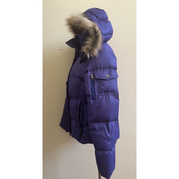 LL Bean Jacket Womens Small Goose Down Parka Puffer Faux Fur Hooded Purple - Picture 2 of 8